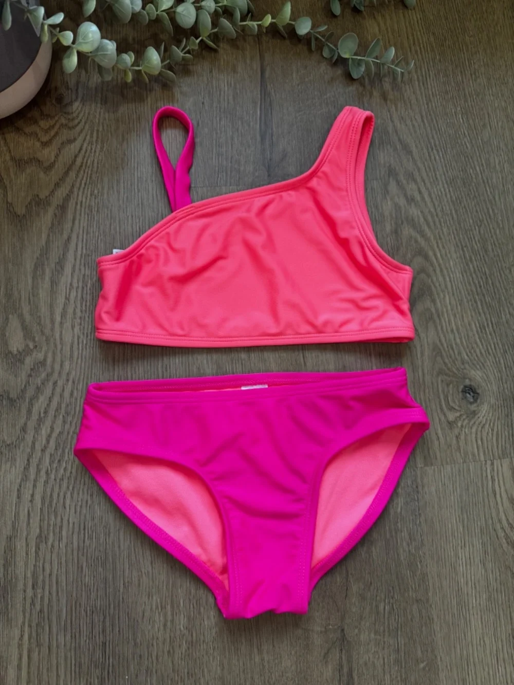 Cat & Jack Girls Size 8 Hot Pink Coral One Shoulder 2 Piece Swimsuit